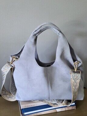 Light Baby Blue Suede Shoulder Bag with Patterned Interchargeable Bag Strap